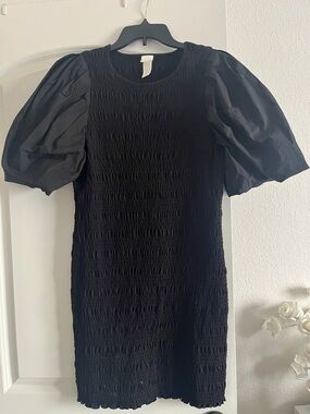 H&M Black Smocked Mini Dress with Puff Sleeves